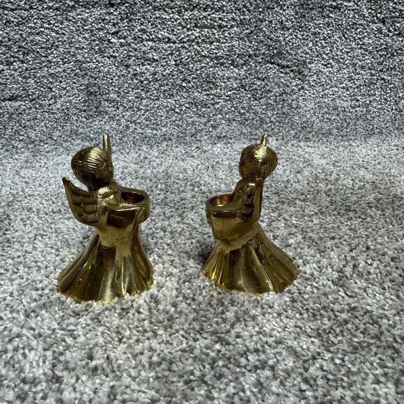 Vintage MCM Set of 2 Brass Angel Candle Holders India Christmas Decoration 3" - Picture 2 of 9